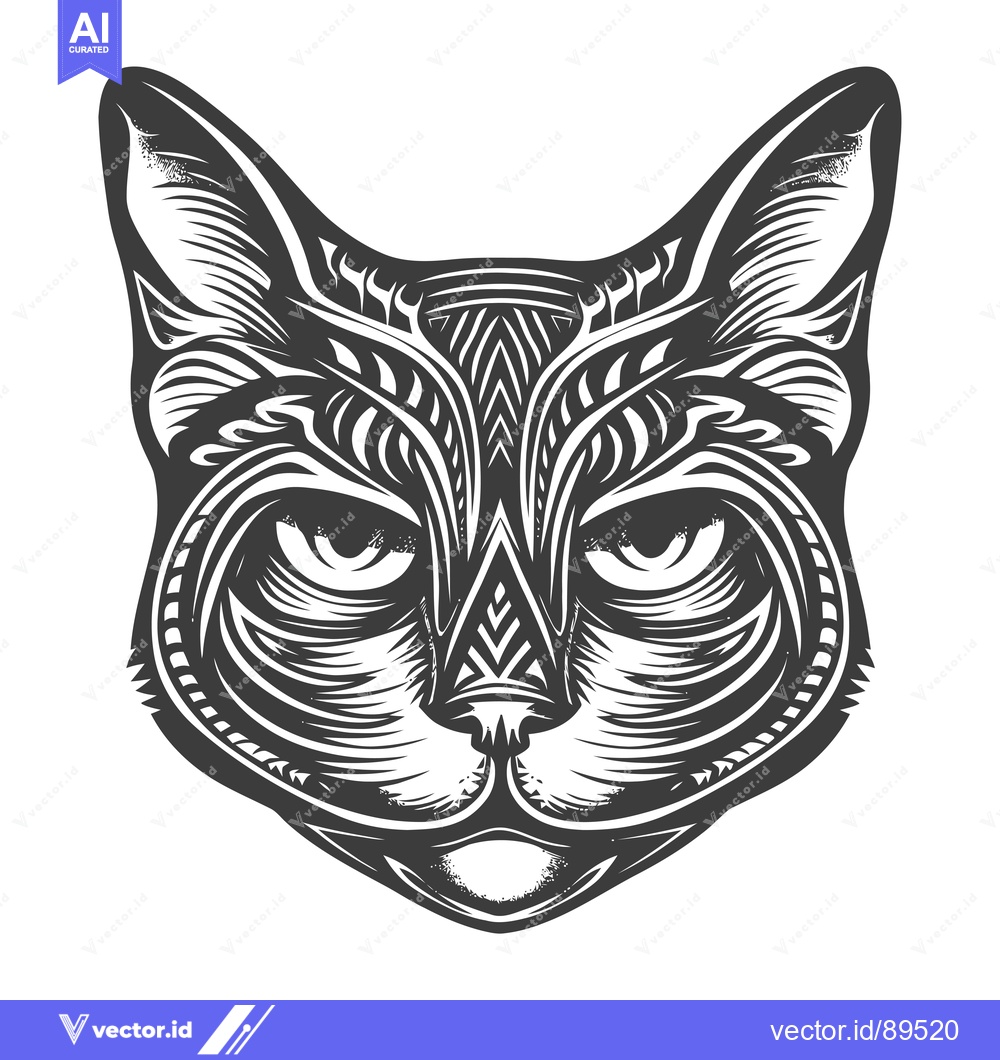 Premium Vector dari Ornate Black and White Cat Head with Detailed Fur Pattern