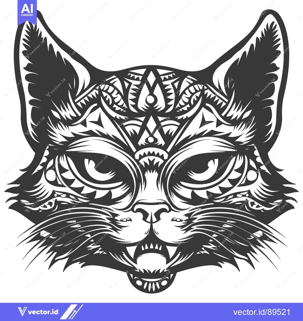 Premium Vector of Ornate Black and White Cat Head with Sharp Fangs and Intricate Detaili
