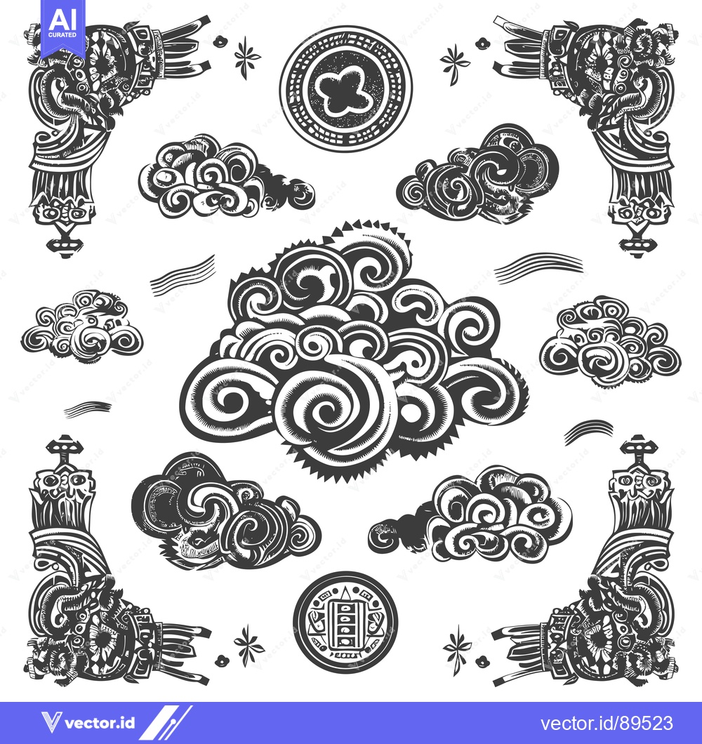 Premium Vector dari Ornate Black and White Clouds, Corners, and Symbols