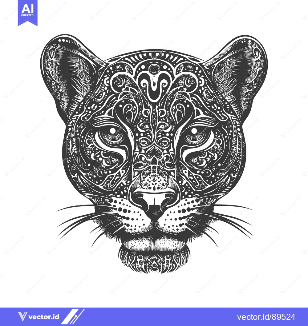 Premium Vector of Ornate Black and White Cougar Head Illustration