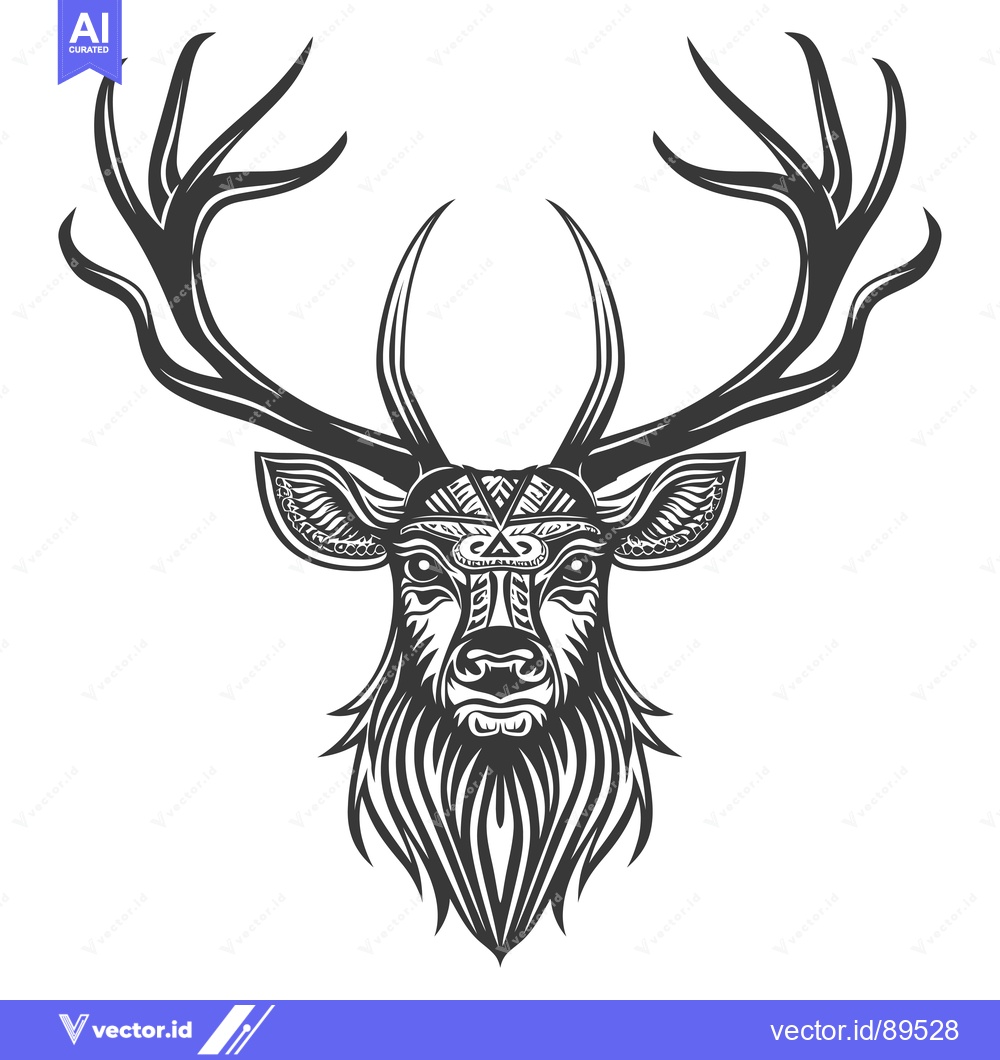 Premium Vector dari Ornate Black and White Deer Head with Large Antlers