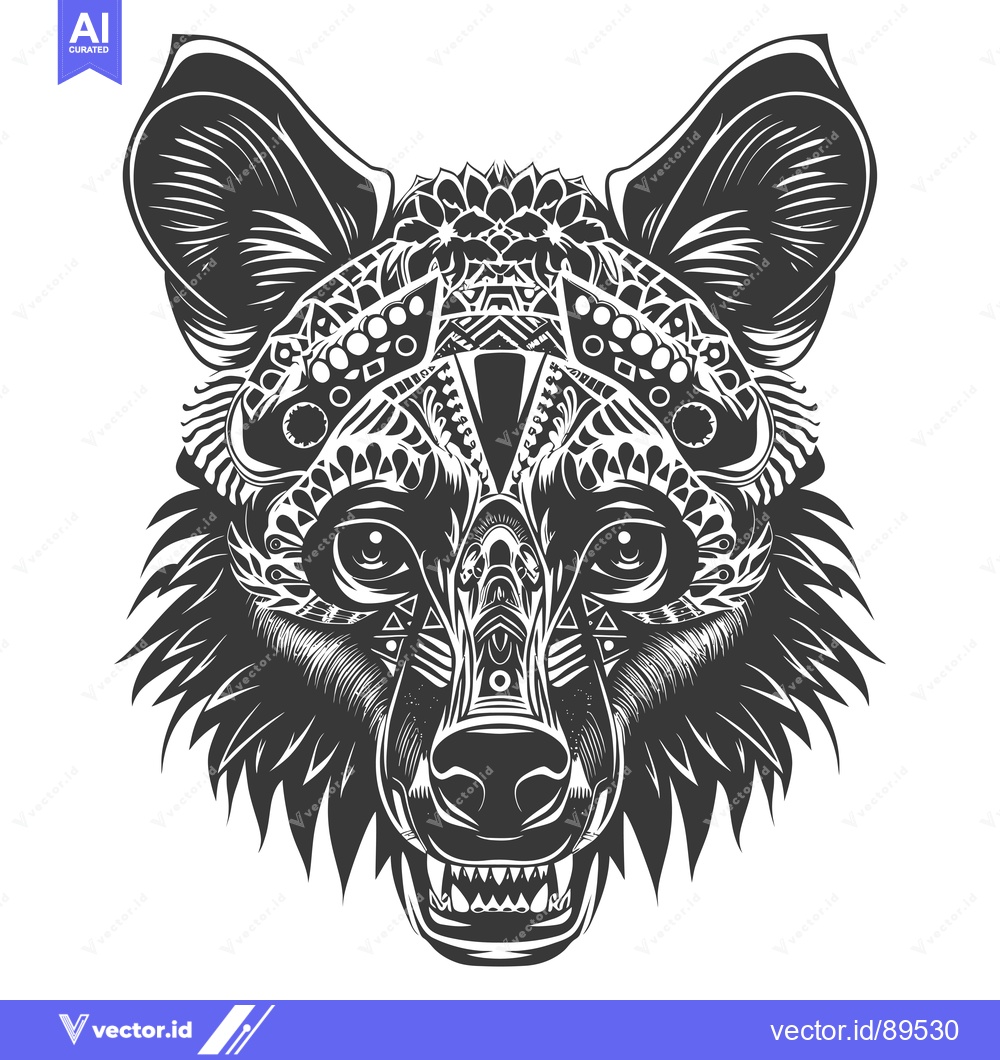 Premium Vector dari Ornate Black and White Detailed Wolf Head with Geometric and Floral Pa