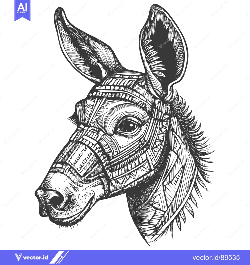 Premium Vector of Ornate Black and White Donkey Head Illustration