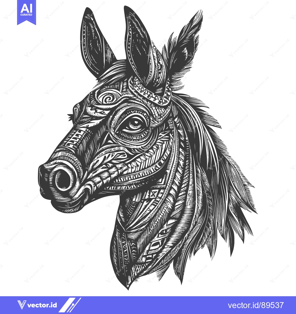 Premium Vector dari Ornate Black and White Donkey Head with Feathers
