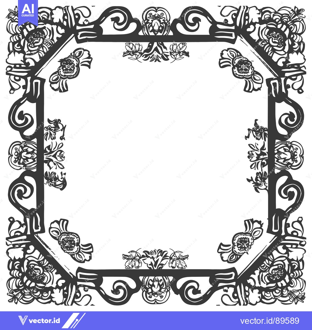Premium Vector dari Ornate Black and White Floral Frame with Swirls and Flowers