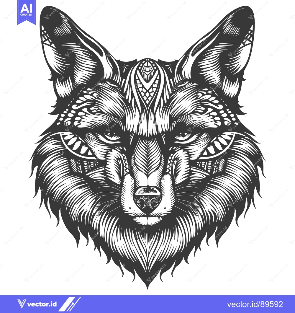 Premium Vector of Ornate Black and White Fox Head Illustration