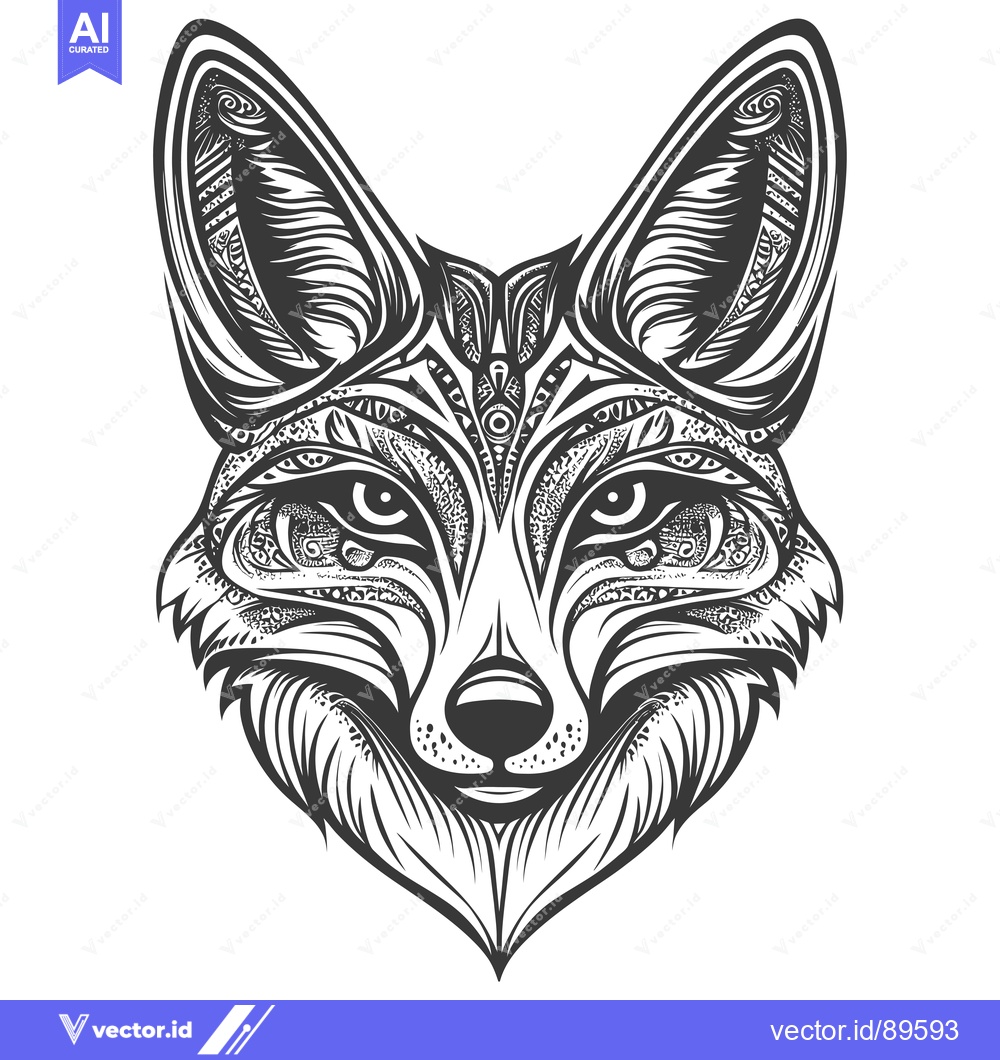 Premium Vector dari Ornate Black and White Fox Head Illustration