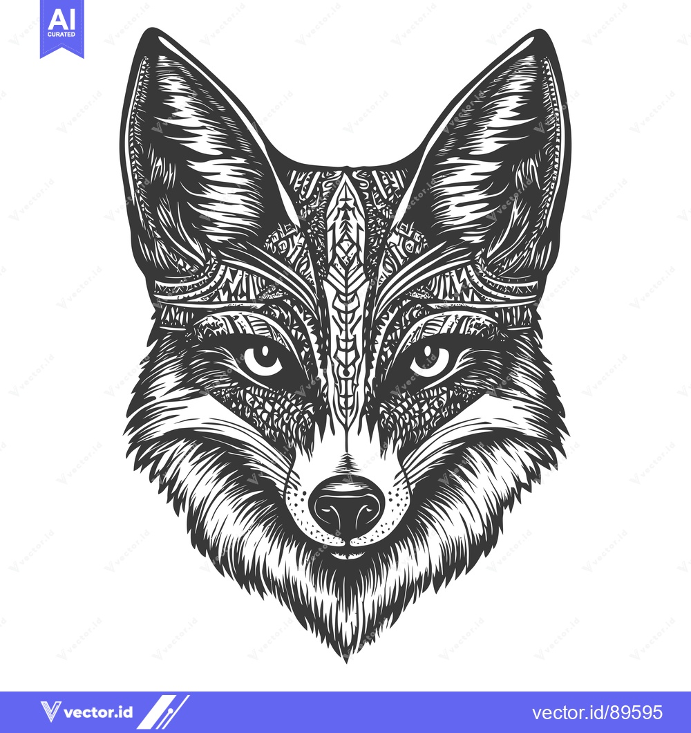 Premium Vector of Ornate Black and White Fox Head with Detailed Fur and Patterns