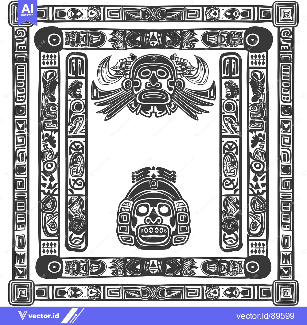 Premium Vector dari Ornate Black and White Frame with Mayan Inspired Masks and Motifs