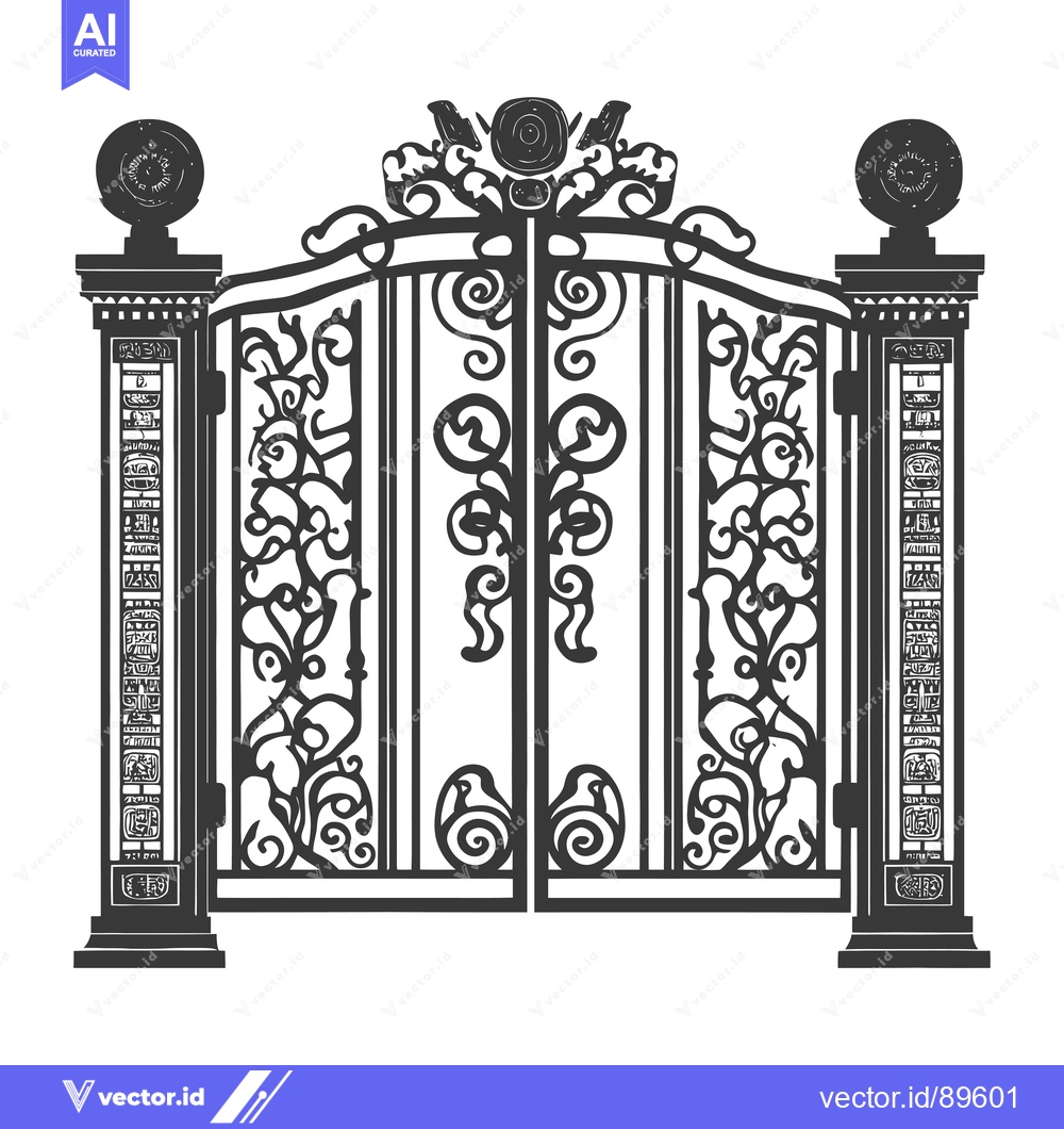 Premium Vector dari Ornate Black and White Gate with Ornamental Pillars