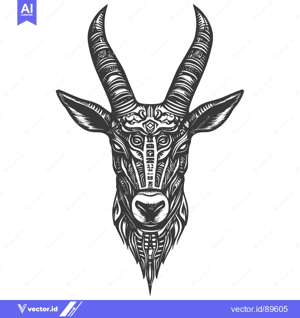 Premium Vector dari Ornate Black and White Goat Head with Curled Horns