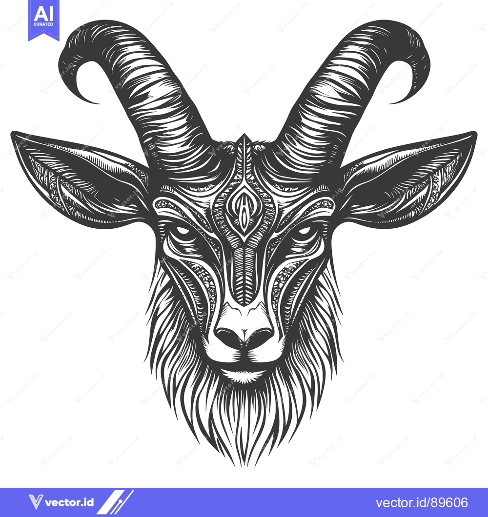 Premium Vector of Ornate Black and White Goat Head with Curved Horns