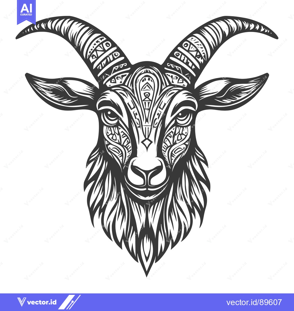 Premium Vector dari Ornate Black and White Goat Head with Curved Horns