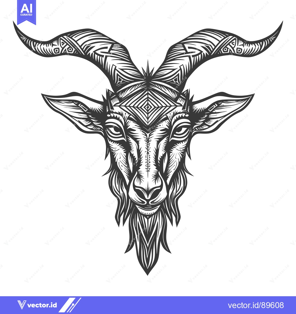Premium Vector dari Ornate Black and White Goat Head with Geometric Horns