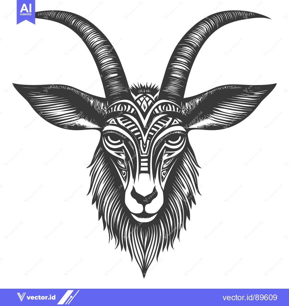 Premium Vector dari Ornate Black and White Goat Head with Horns