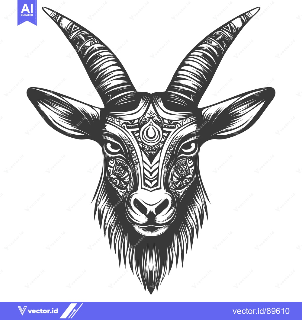 Premium Vector dari Ornate Black And White Goat Head With Horns