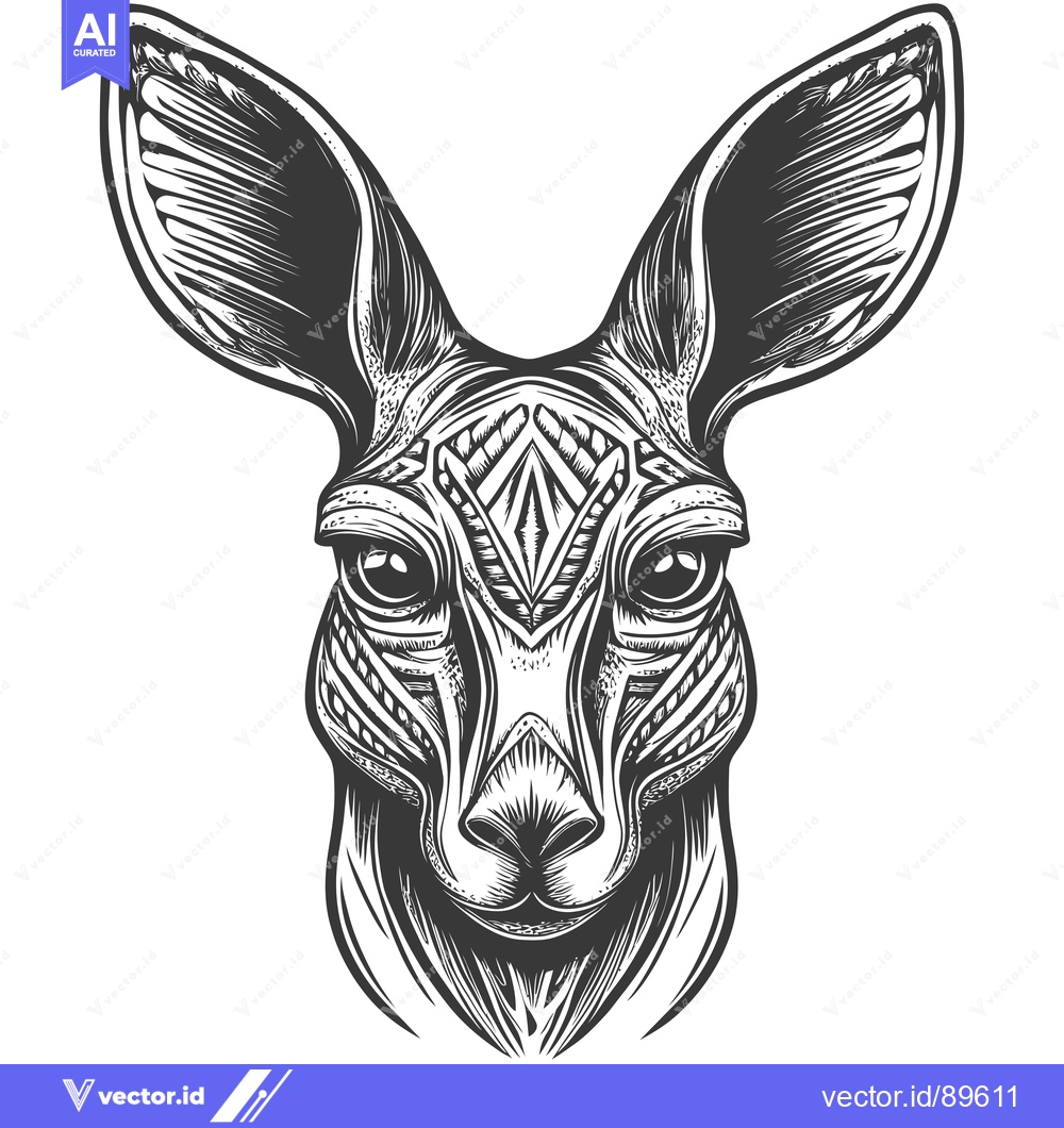 Premium Vector of Ornate Black and White Graphic Illustration of a Kangaroo's Head