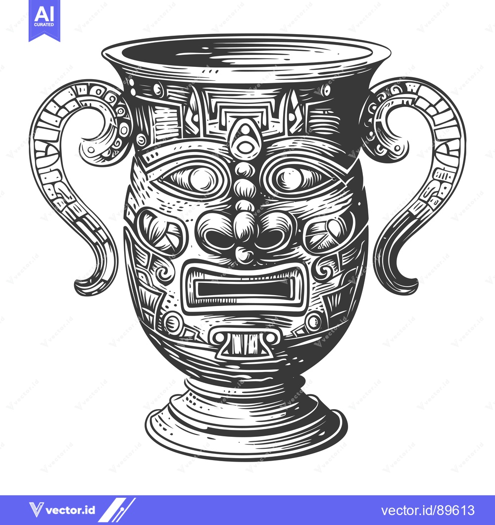 Premium Vector dari Ornate Black and White Hand-Drawn Goblet with Tribal Mask Design