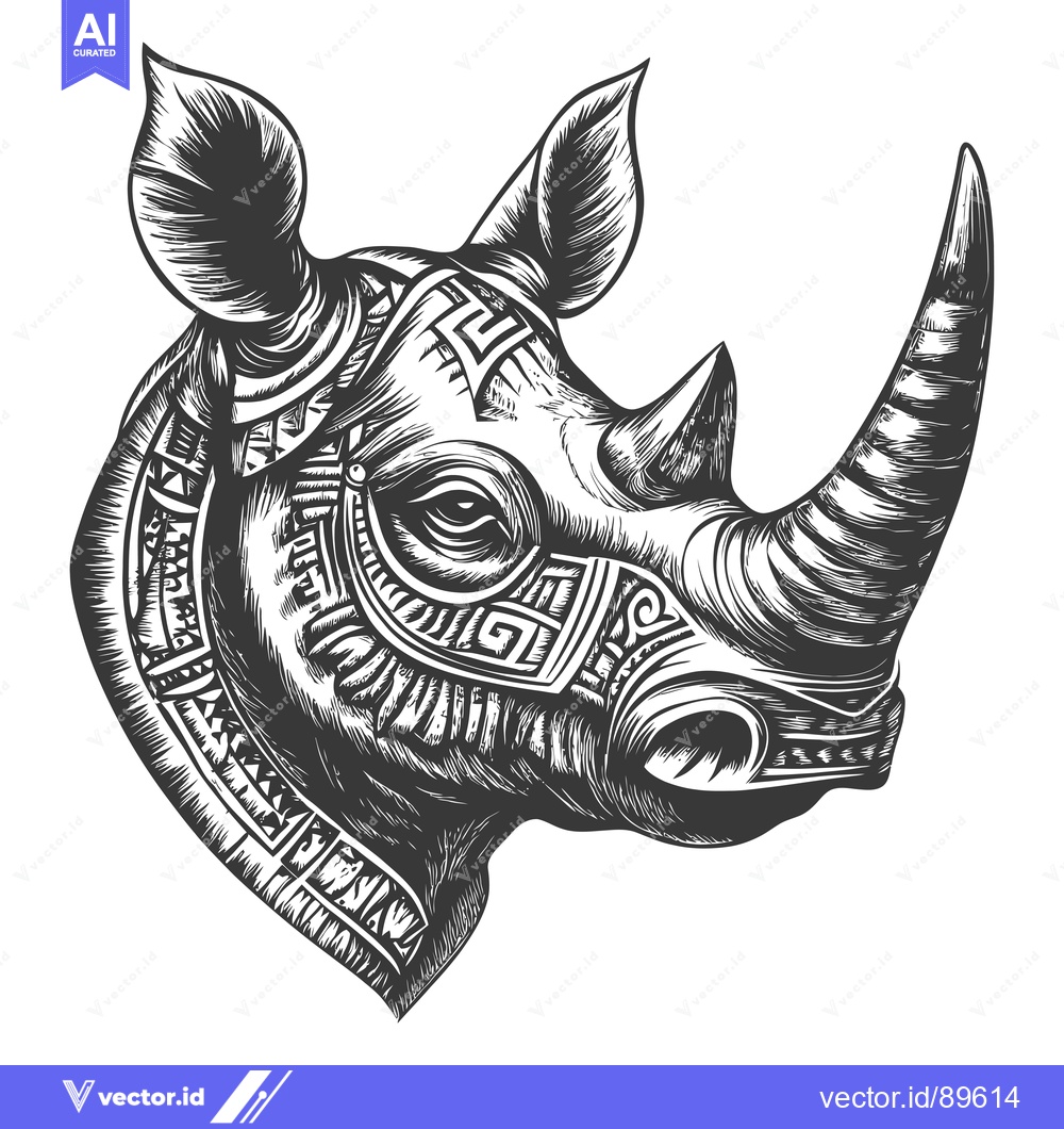Premium Vector of Ornate Black and White Hand-Drawn Rhino Head with Tribal Designs