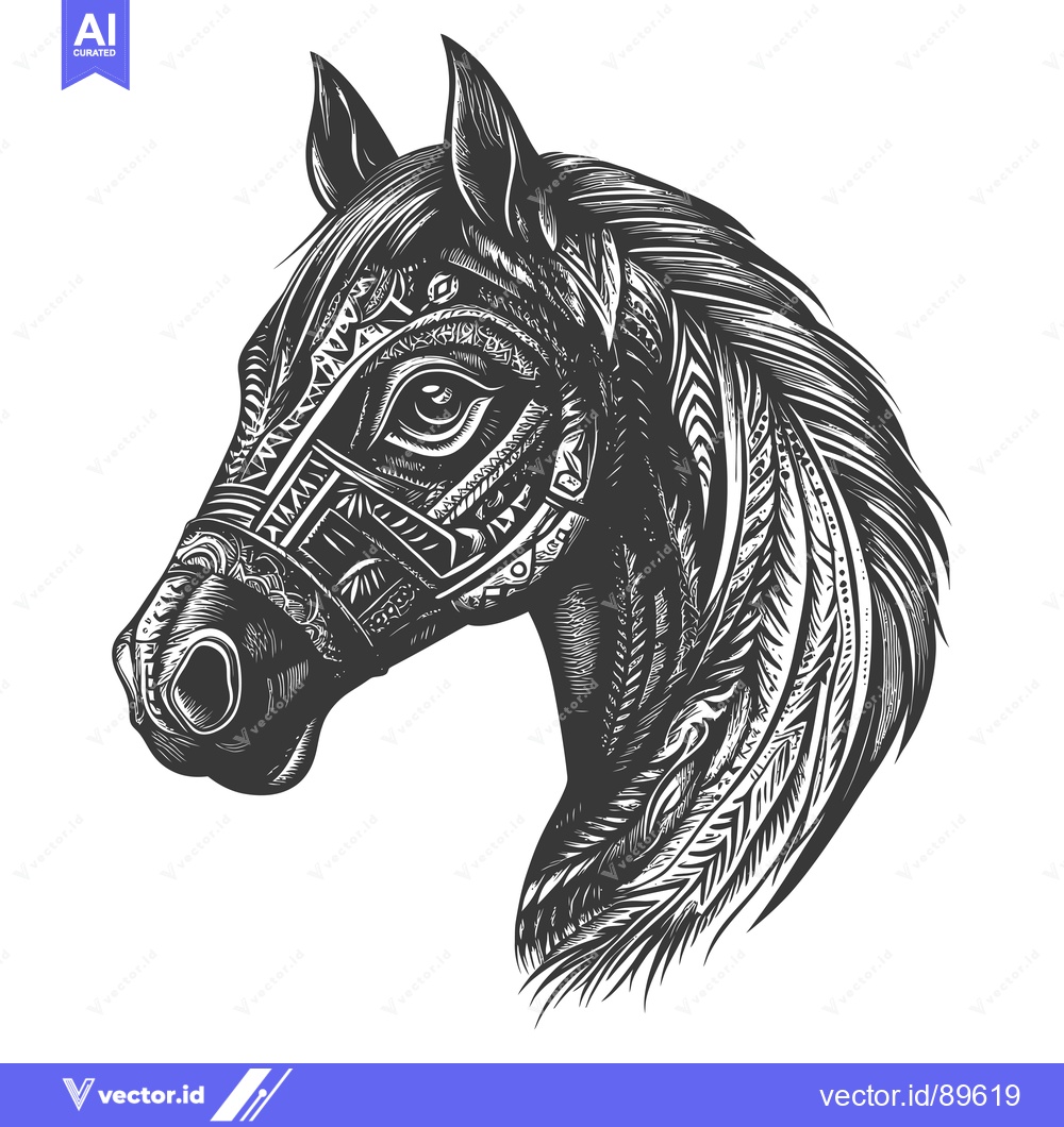 Premium Vector dari Ornate Black and White Horse Head with Detailed Patterns