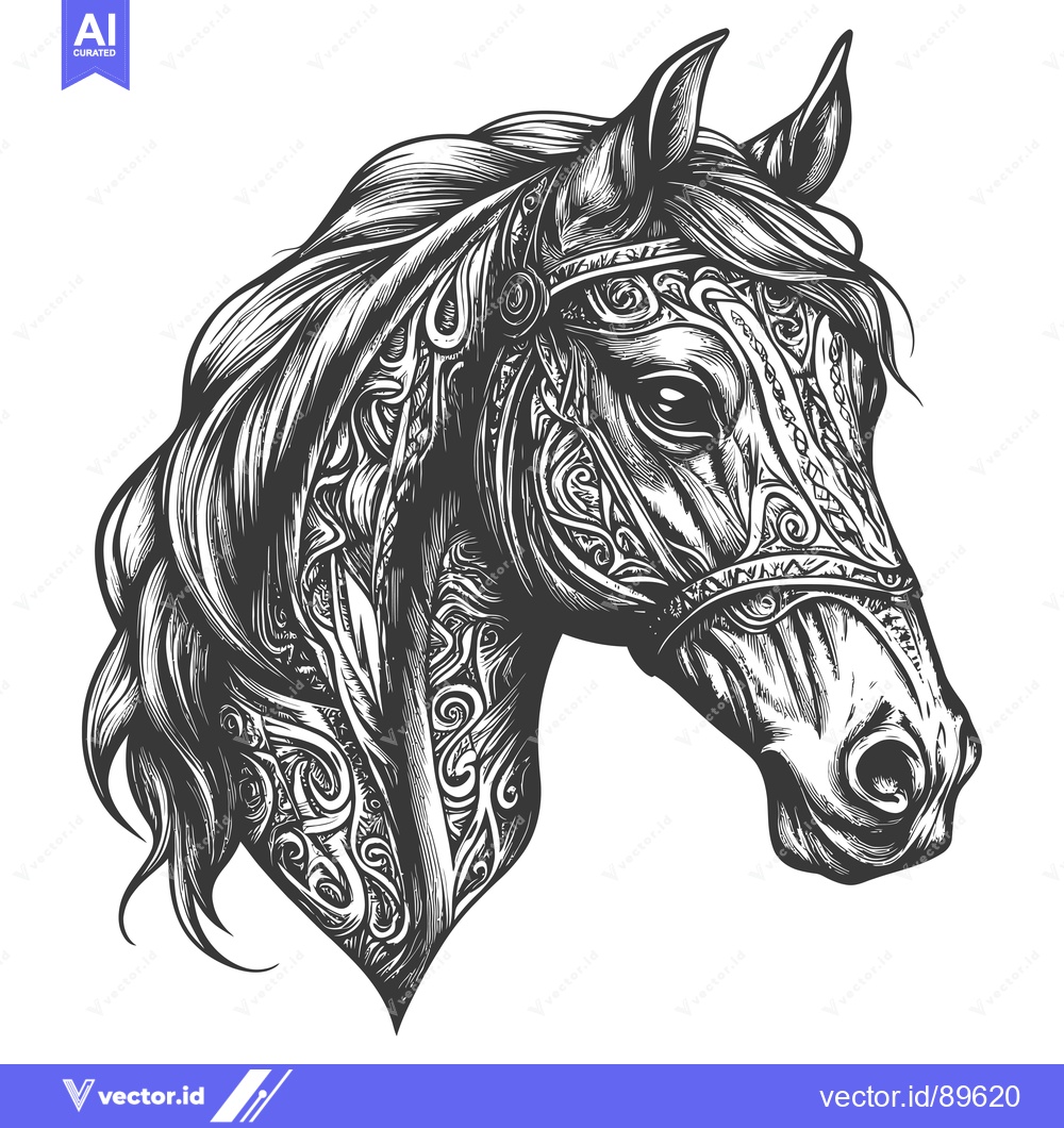 Premium Vector of Ornate Black and White Horse Head with Floral Design
