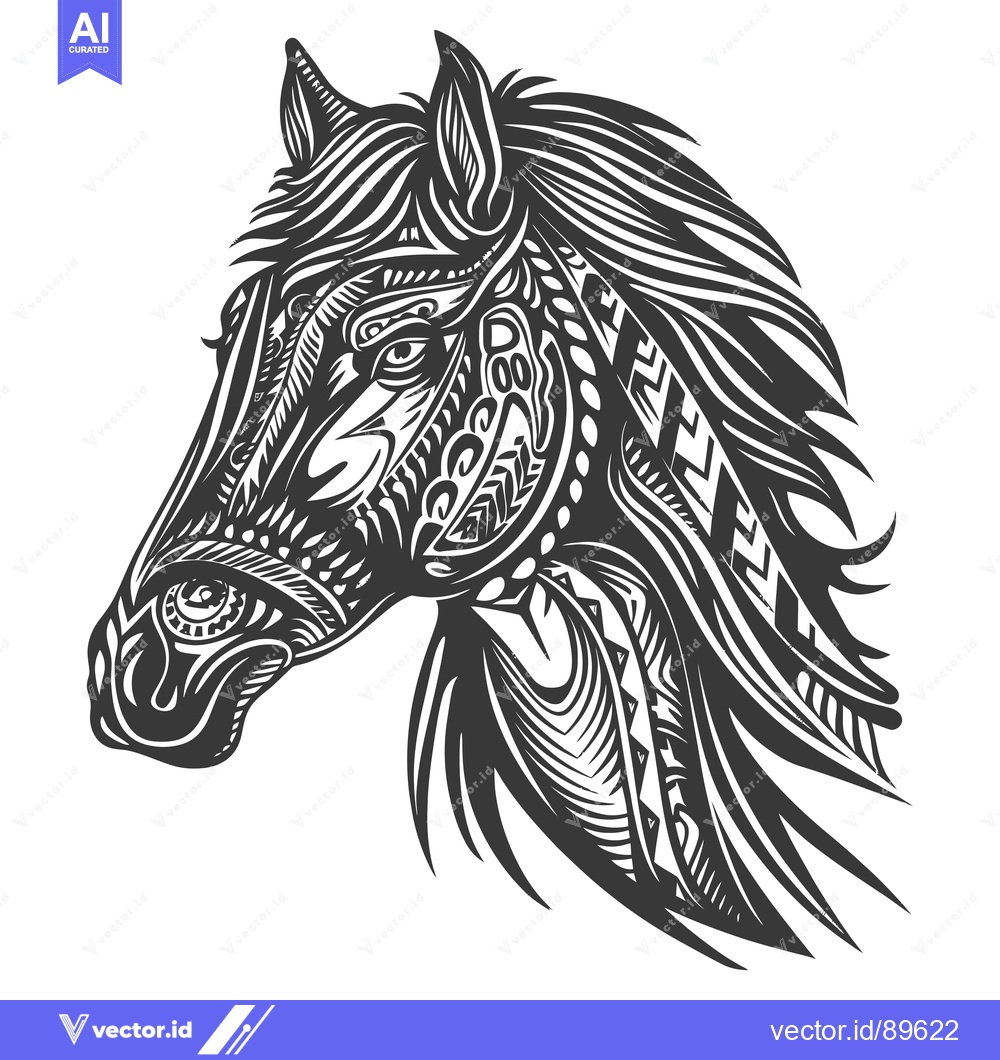 Premium Vector of Ornate Black and White Horse Head with Geometric Patterns