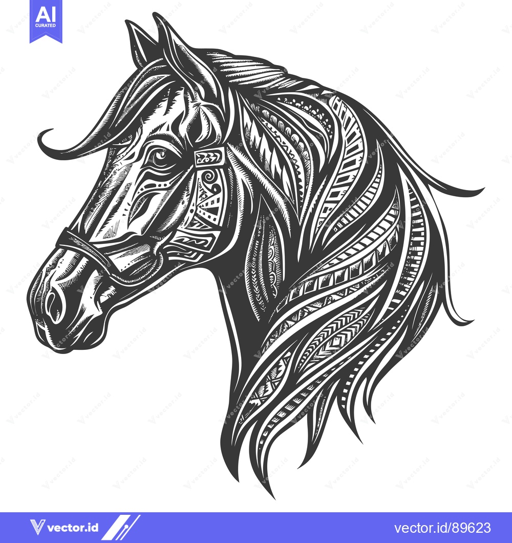 Premium Vector dari Ornate Black and White Horse Head with Tribal Design