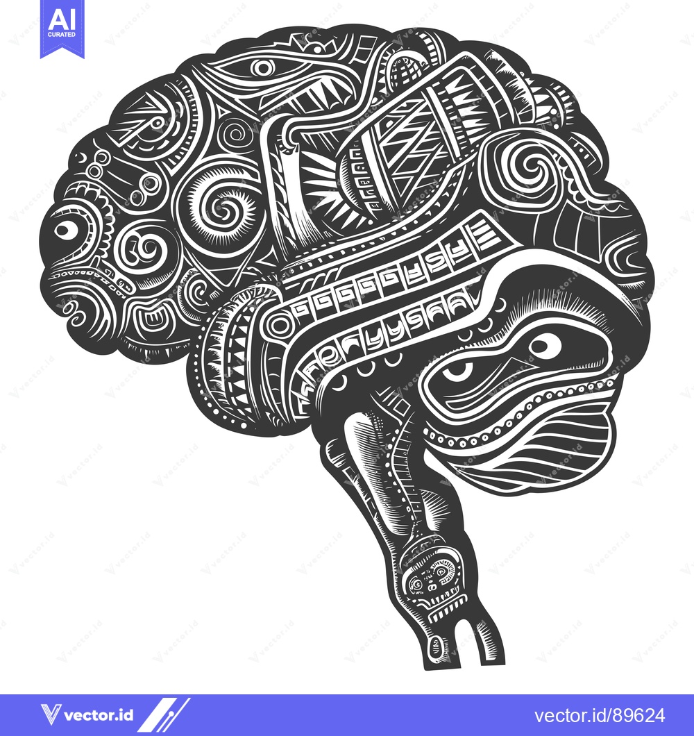 Premium Vector dari Ornate Black and White Human Brain with Tribal Patterns