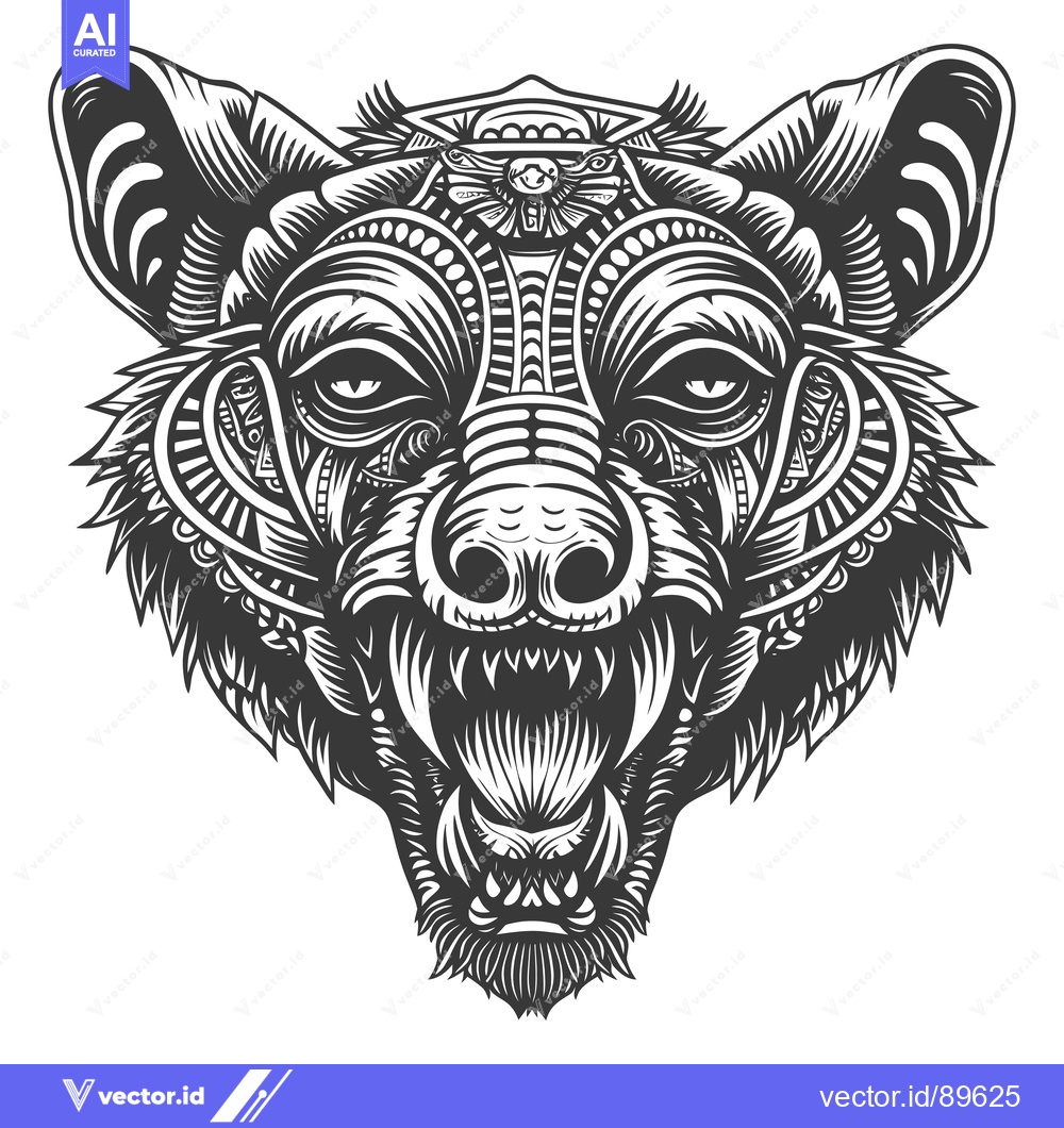 Premium Vector dari Ornate Black and White Hyena Head with Bared Teeth