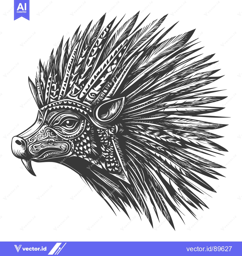 Premium Vector dari Ornate Black and White Illustration of a Boar's Head with Feathers