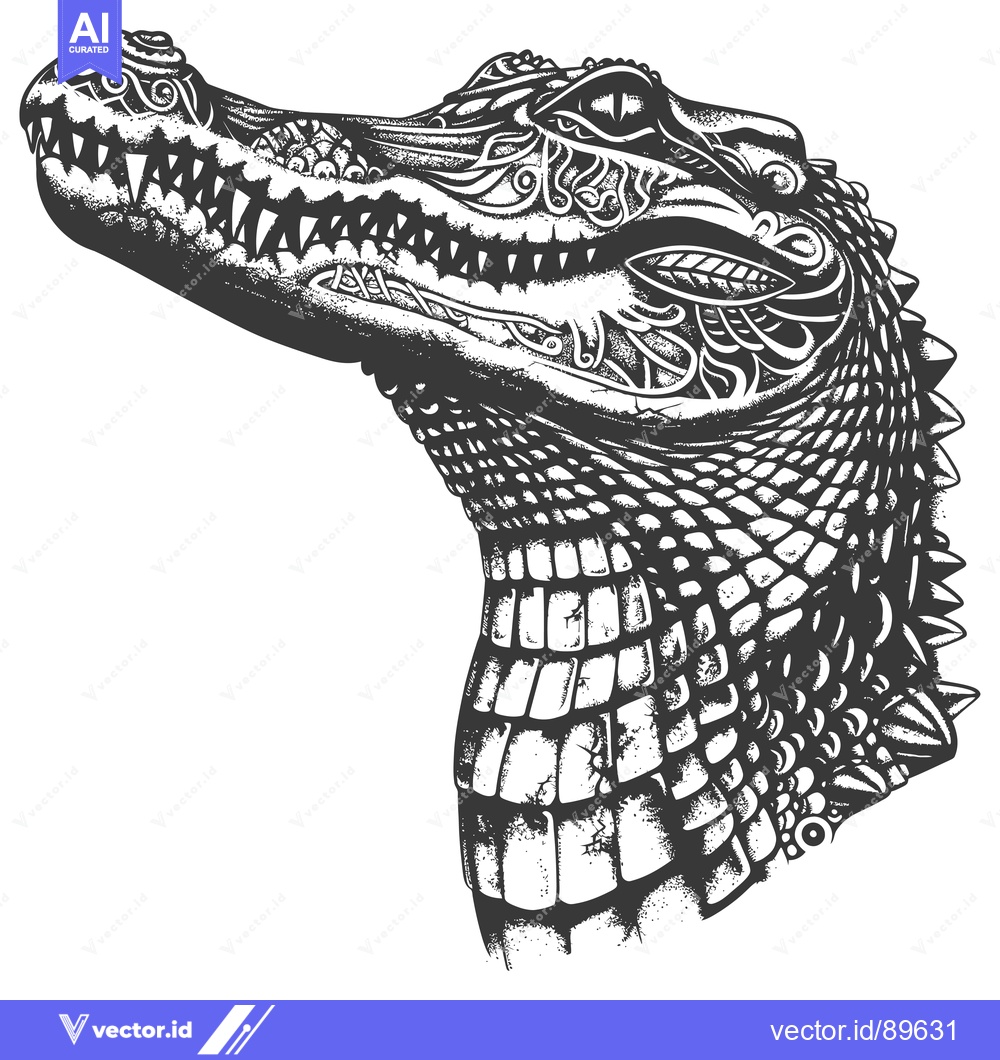 Premium Vector of Ornate Black and White Illustration of a Crocodile Head