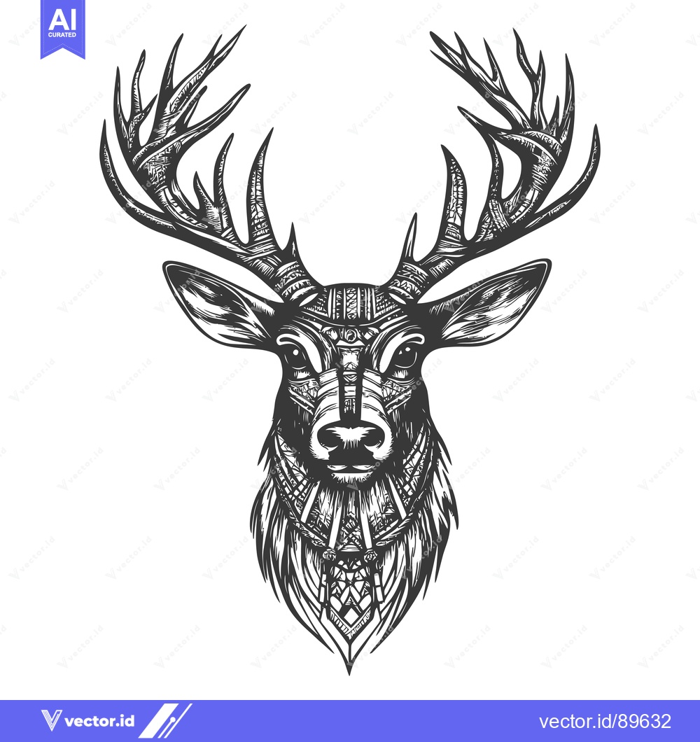 Premium Vector of Ornate Black and White Illustration of a Deer's Head