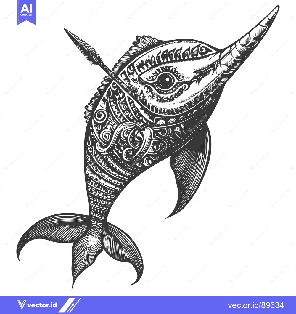 Premium Vector of Ornate Black and White Illustration of a Dolphin