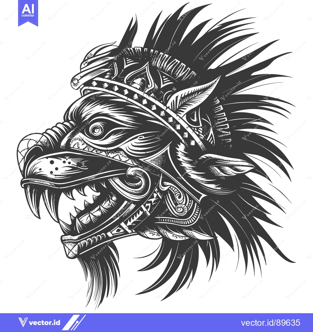 Premium Vector dari Ornate Black and White Illustration of a Feathered Wolf's Head