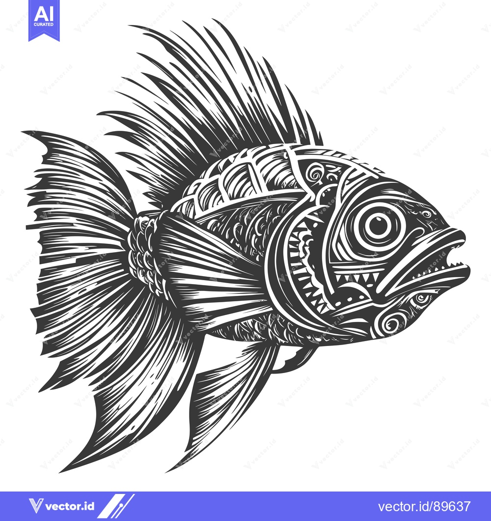 Premium Vector dari Ornate Black and White Illustration of a Fish with Open Mouth
