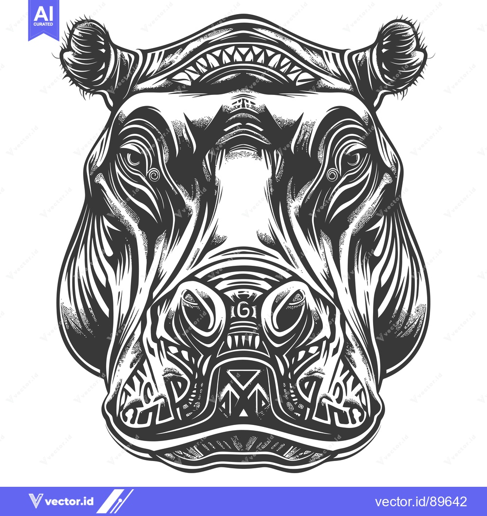 Premium Vector of Ornate Black and White Illustration of a Hippopotamus Head