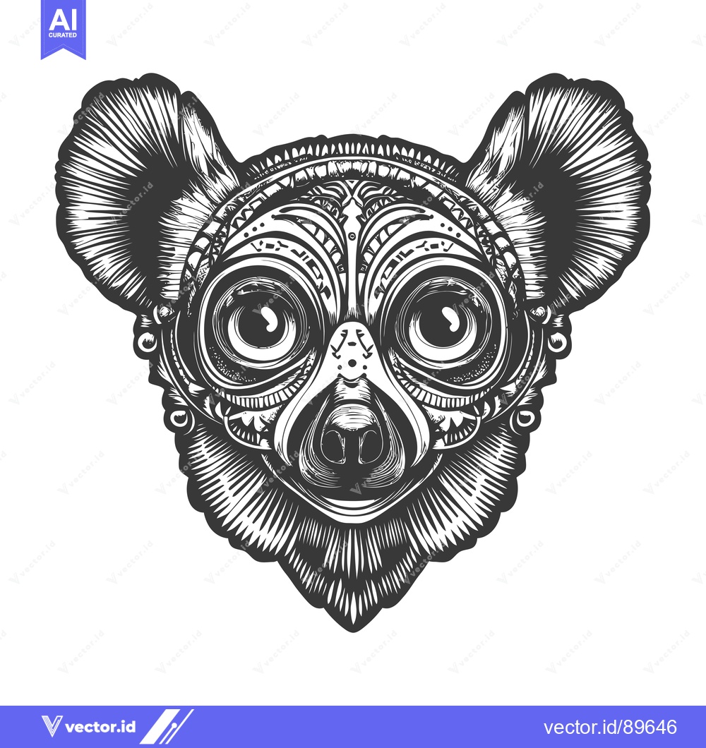 Premium Vector of Ornate Black and White Illustration of a Lemur's Head