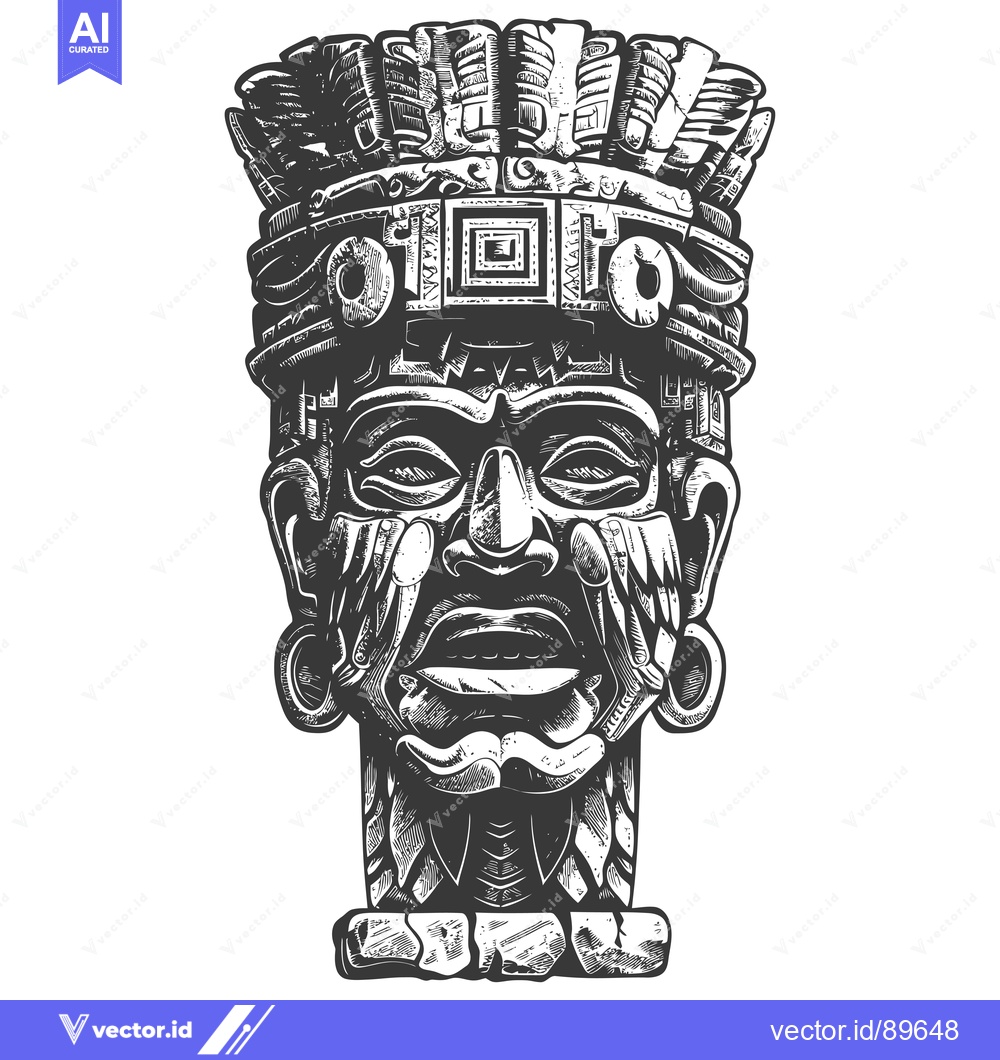 Premium Vector of Ornate Black and White Illustration of a Mayan Deity Bust