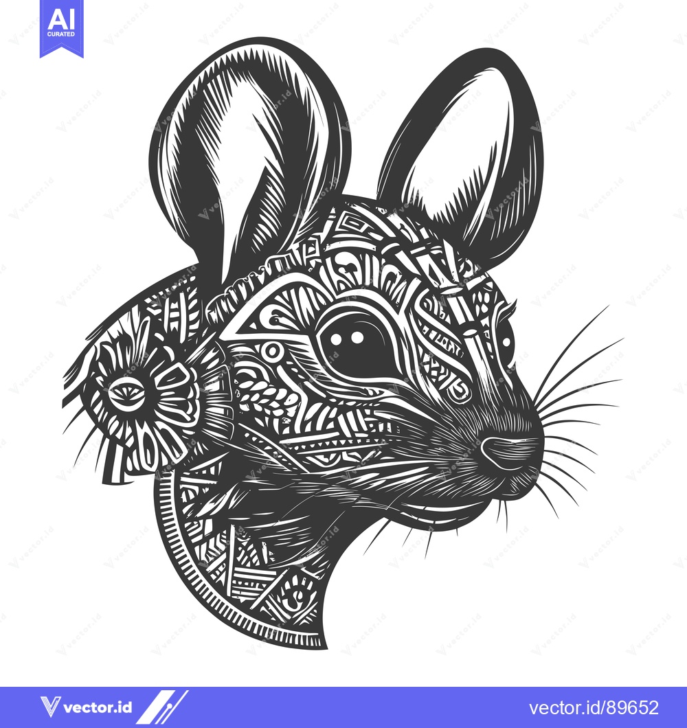 Premium Vector of Ornate Black and White Illustration of a Mouse's Head