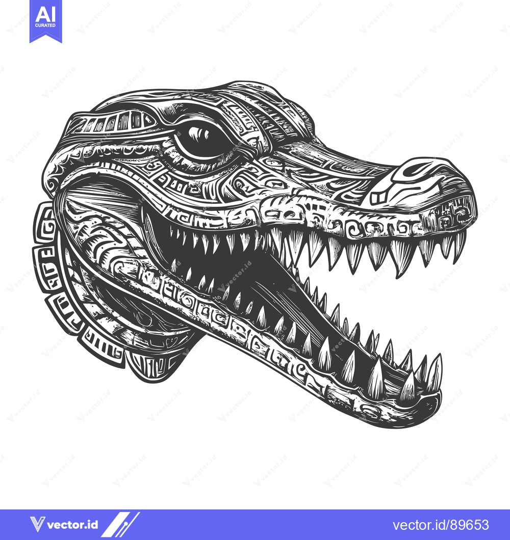 Premium Vector dari Ornate Black and White Illustration of an Alligator's Head with Open J
