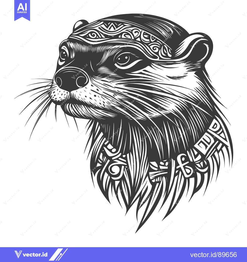 Premium Vector dari Ornate Black and White Illustration of an Otter's Head
