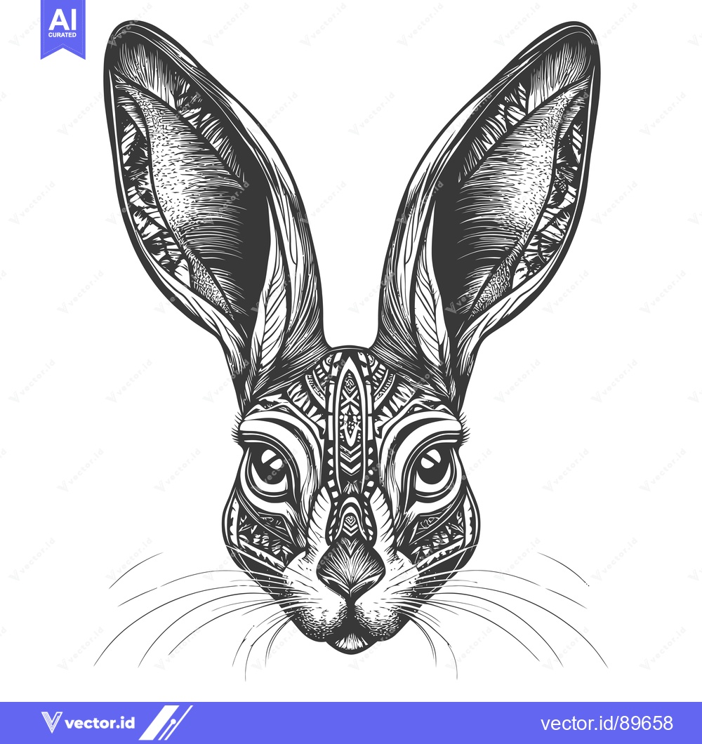 Premium Vector dari Ornate Black and White Illustration of a Rabbit's Head