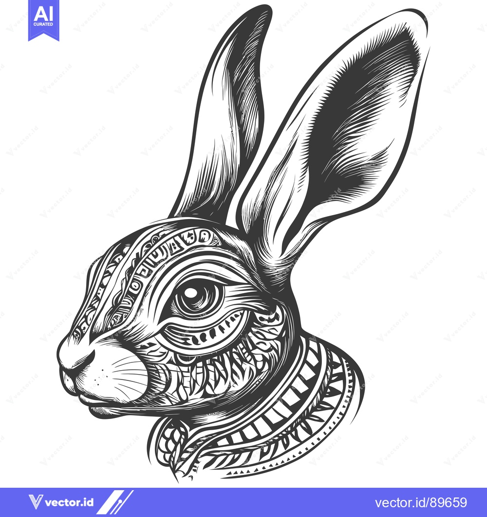 Premium Vector dari Ornate Black and White Illustration of a Rabbit's Head