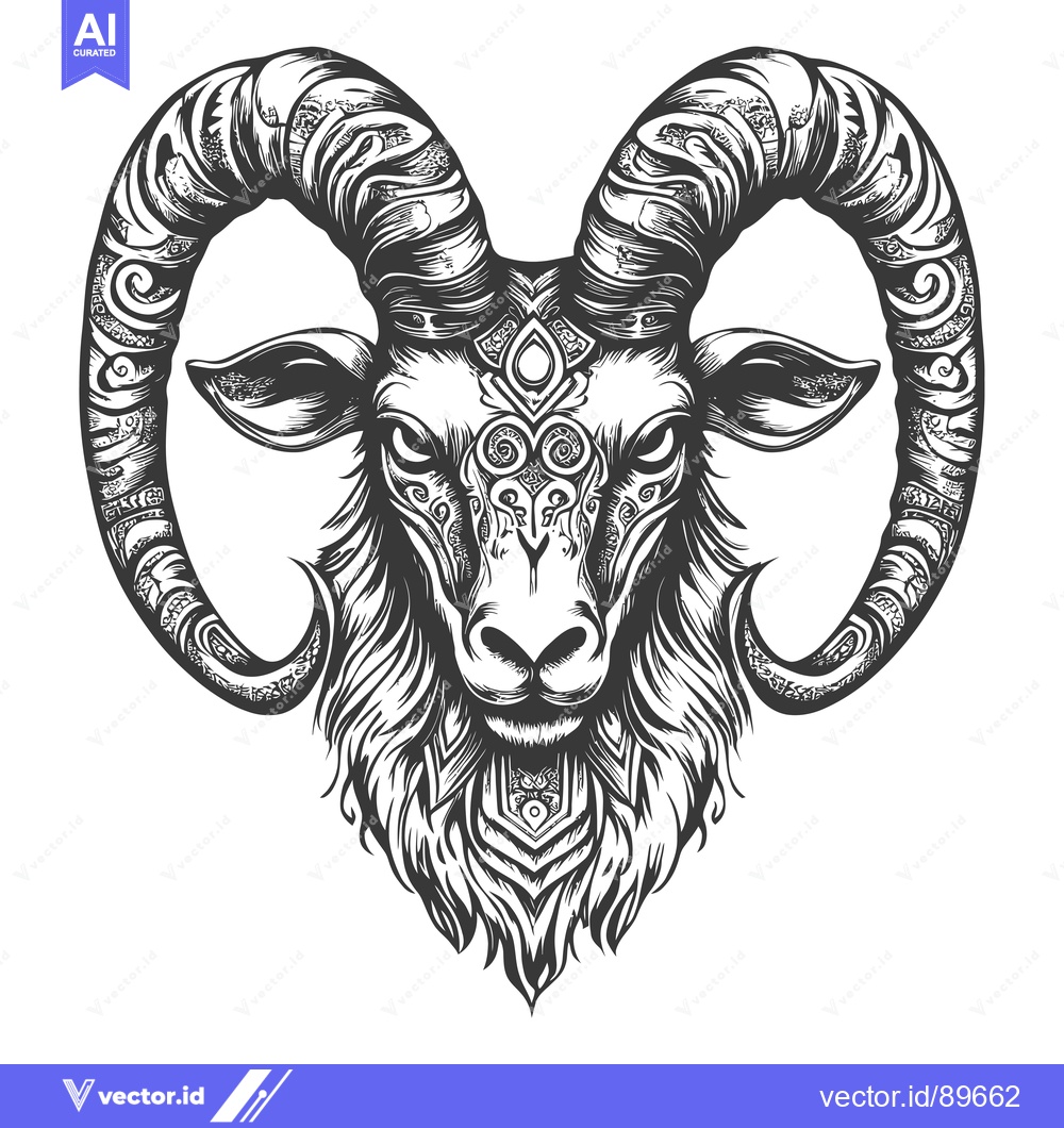 Premium Vector dari Ornate Black and White Illustration of a Ram's Head with Intricate Hor