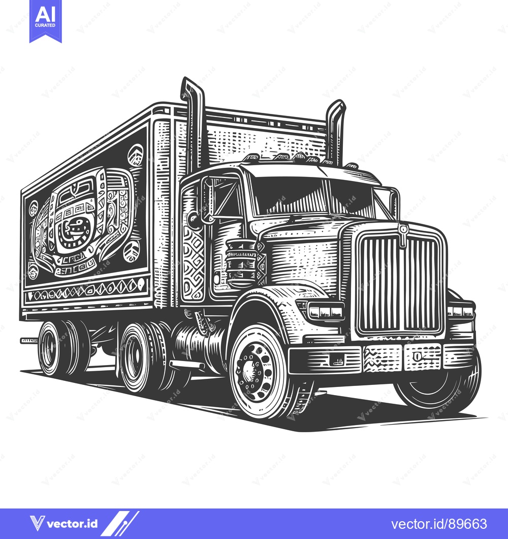 Premium Vector of Ornate Black and White Illustration of a Semi-Truck with a Decorative