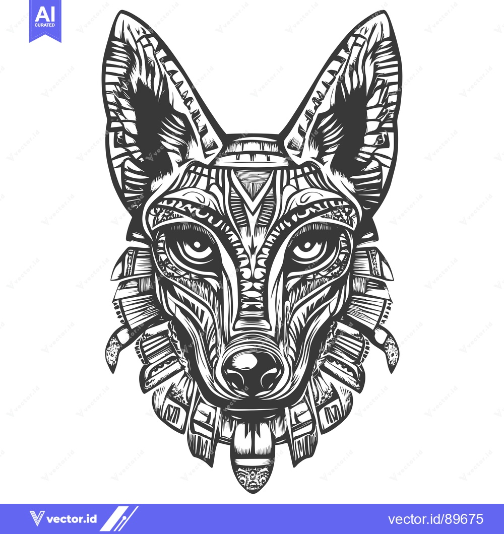 Premium Vector dari Ornate Black and White Illustration of a Wolf's Head