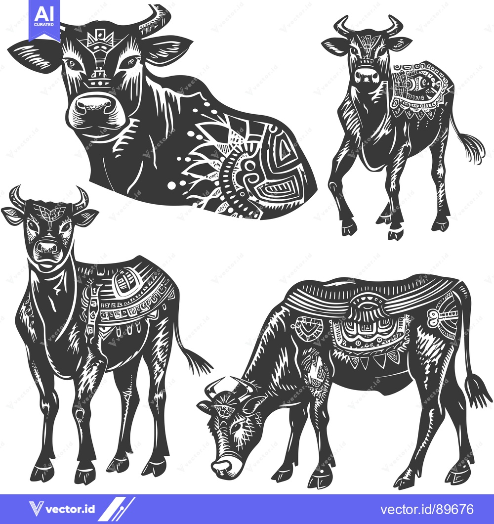 Premium Vector dari Ornate Black and White Illustrations of Cows