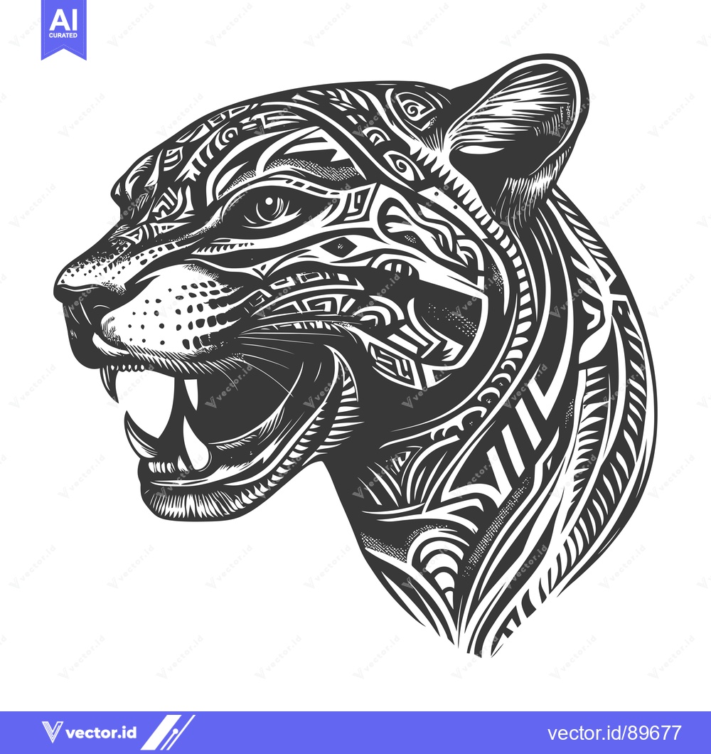Premium Vector of Ornate Black and White Jaguar Head Illustration