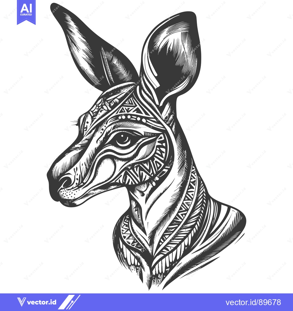 Premium Vector of Ornate Black and White Kangaroo Head Illustration