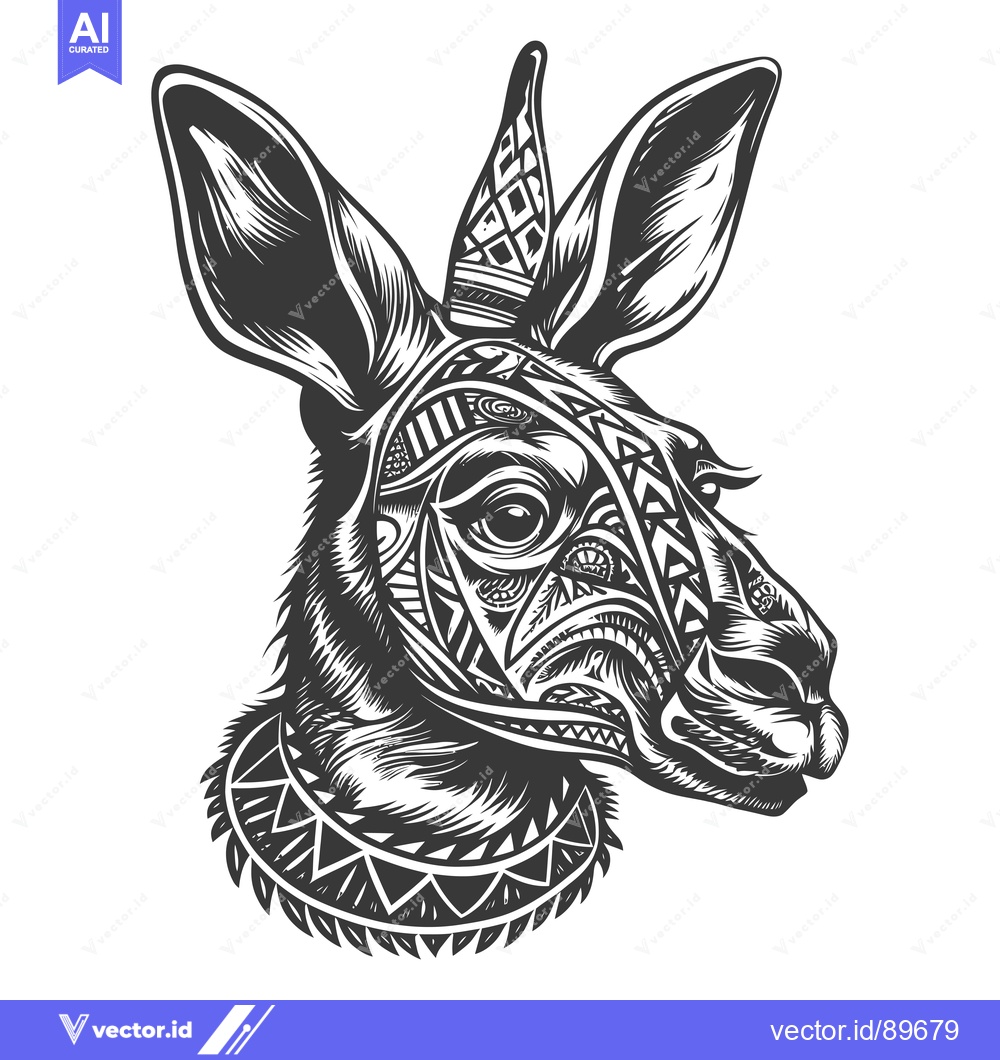 Premium Vector dari Ornate Black and White Kangaroo Head with Tribal Pattern